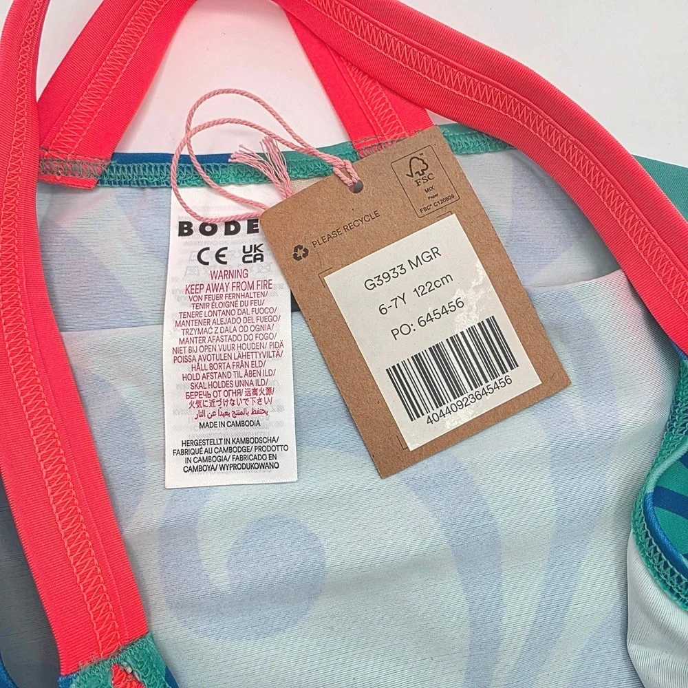 Mini Boden Girls Teal Blue Floral Tankini Swim Top‎ Neon Pink Straps NWT  6-7Y